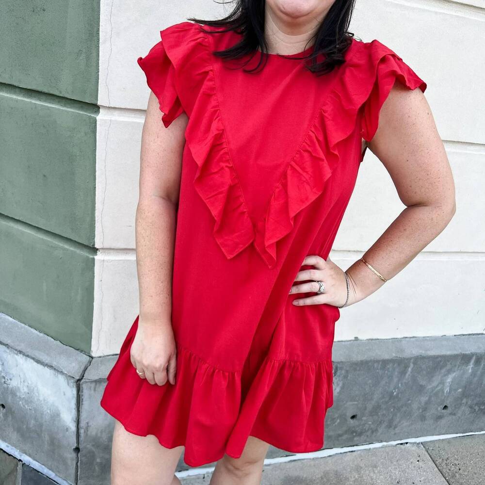 NEW PINCH ruffle detail mini dress in red